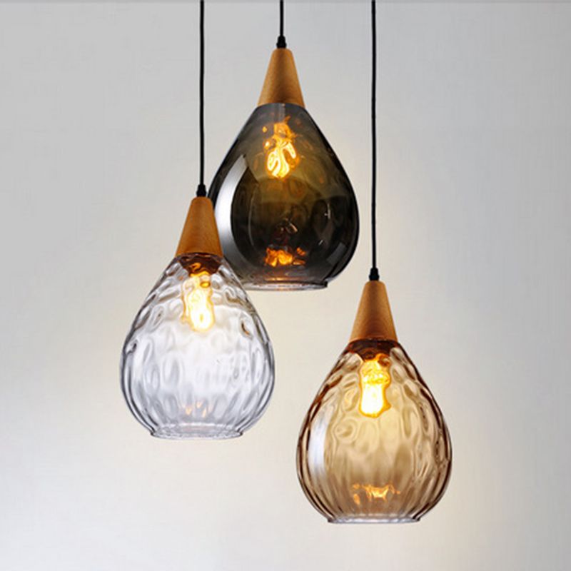 Aria Rustikal Pendelleuchte Tränentropfen LED Klar/Grau Glas&Holz