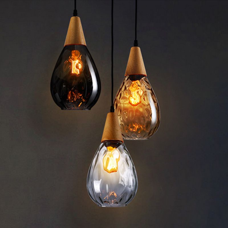 Aria Rustikal Pendelleuchte Tränentropfen LED Klar/Grau Glas&Holz