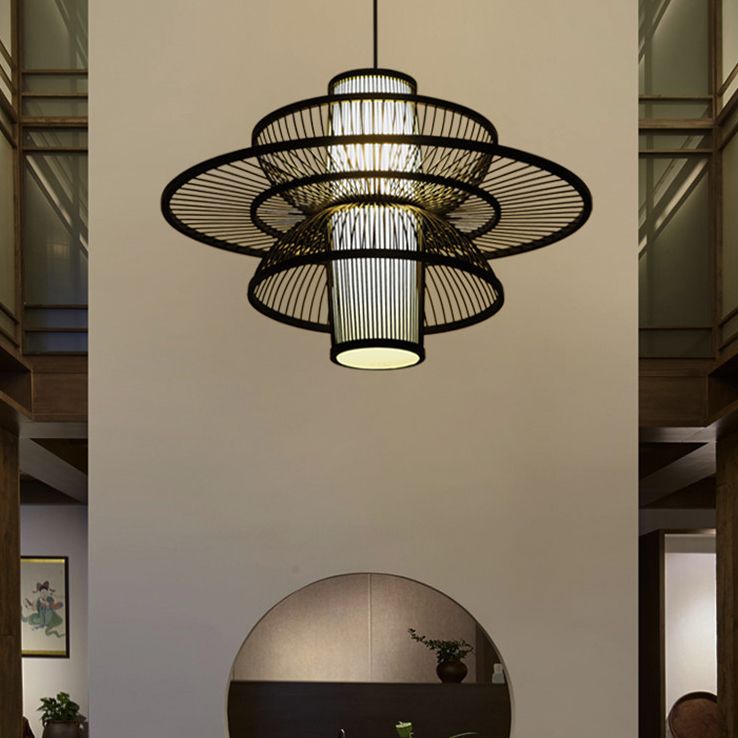 Muto Modern LED Pendelleuchte Schwarz/Beige Wohn/Ess/Schlafzimmer Esstisch Rattan