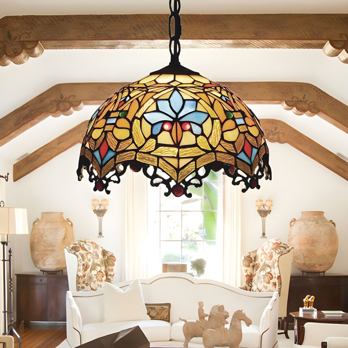 Arisha Tiffany Buntglas Kuppel Pendelleuchte, Gelb
