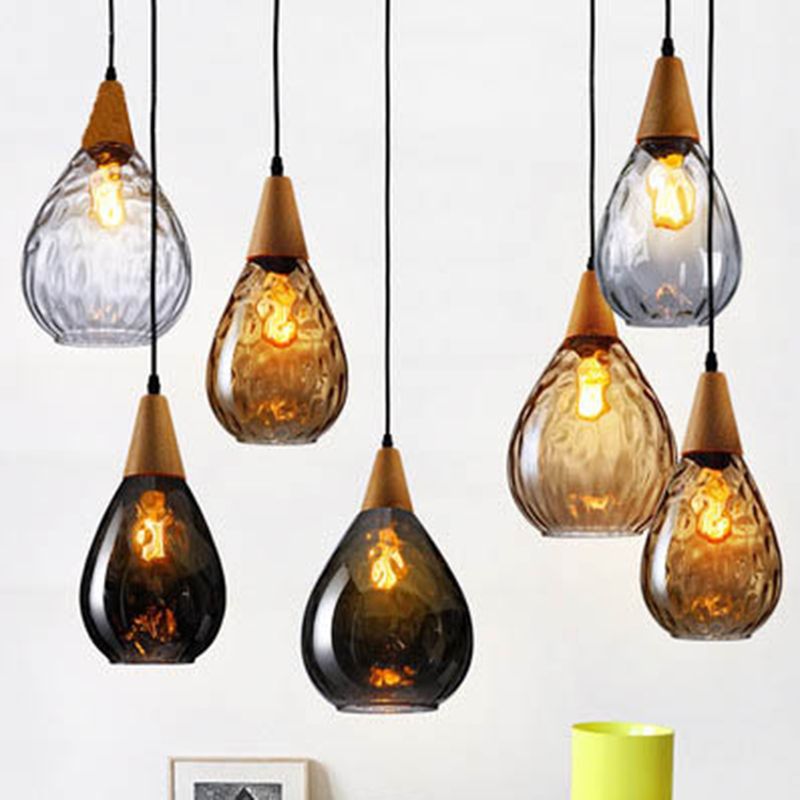 Aria Rustikal Pendelleuchte Tränentropfen LED Klar/Grau Glas&Holz