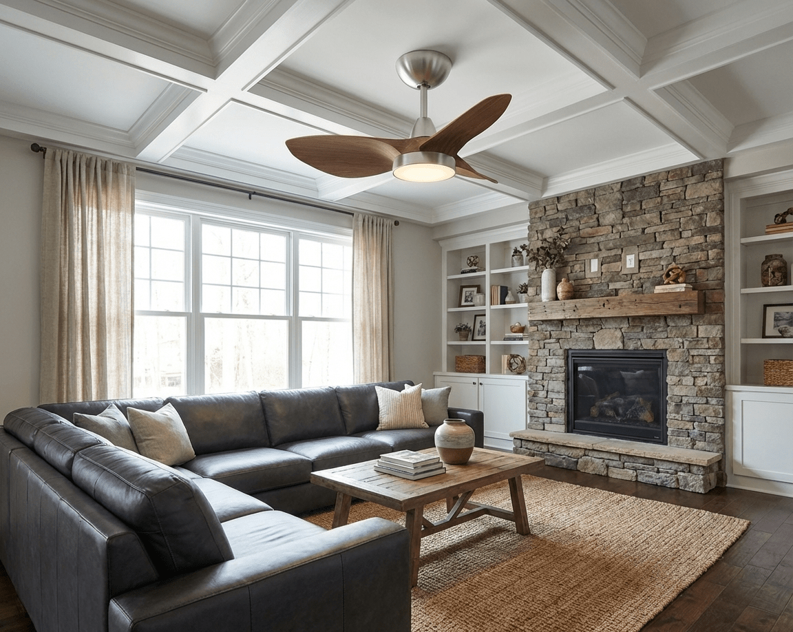 Nahaufnahme des Acrylschirms und Metallrahmens der Soren Deckenventilatorleuchte