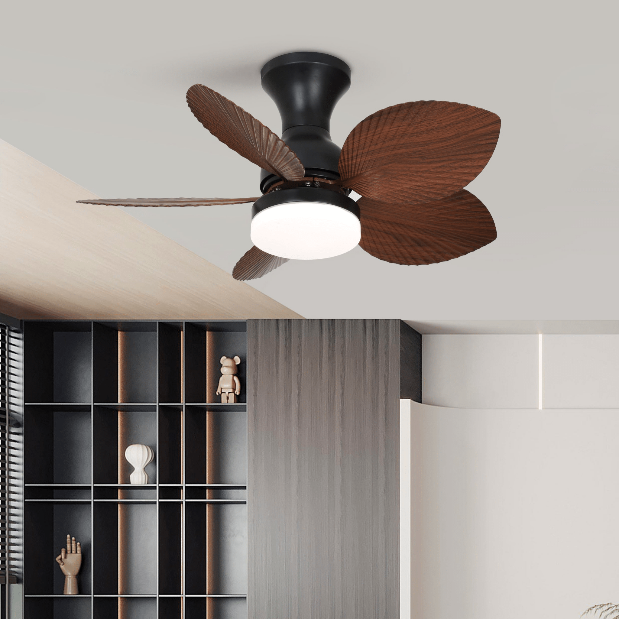Nahaufnahme der Walnussholz-Flügel des Florence Vintage Holz-Deckenventilators mit Beleuchtung