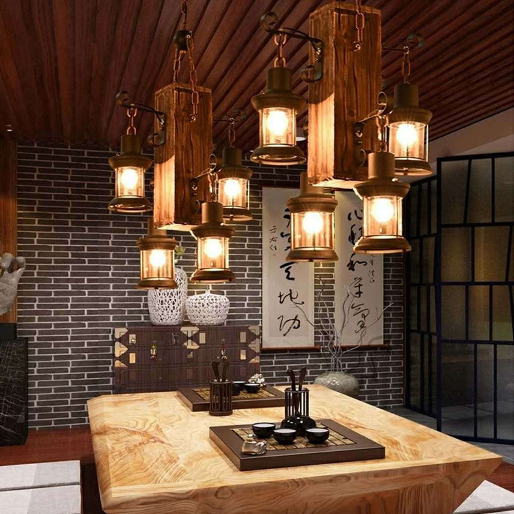 Epoch Vintage LED Pendelleuchte Rechteckige Käfig Wohnzimmer, Metall Holz