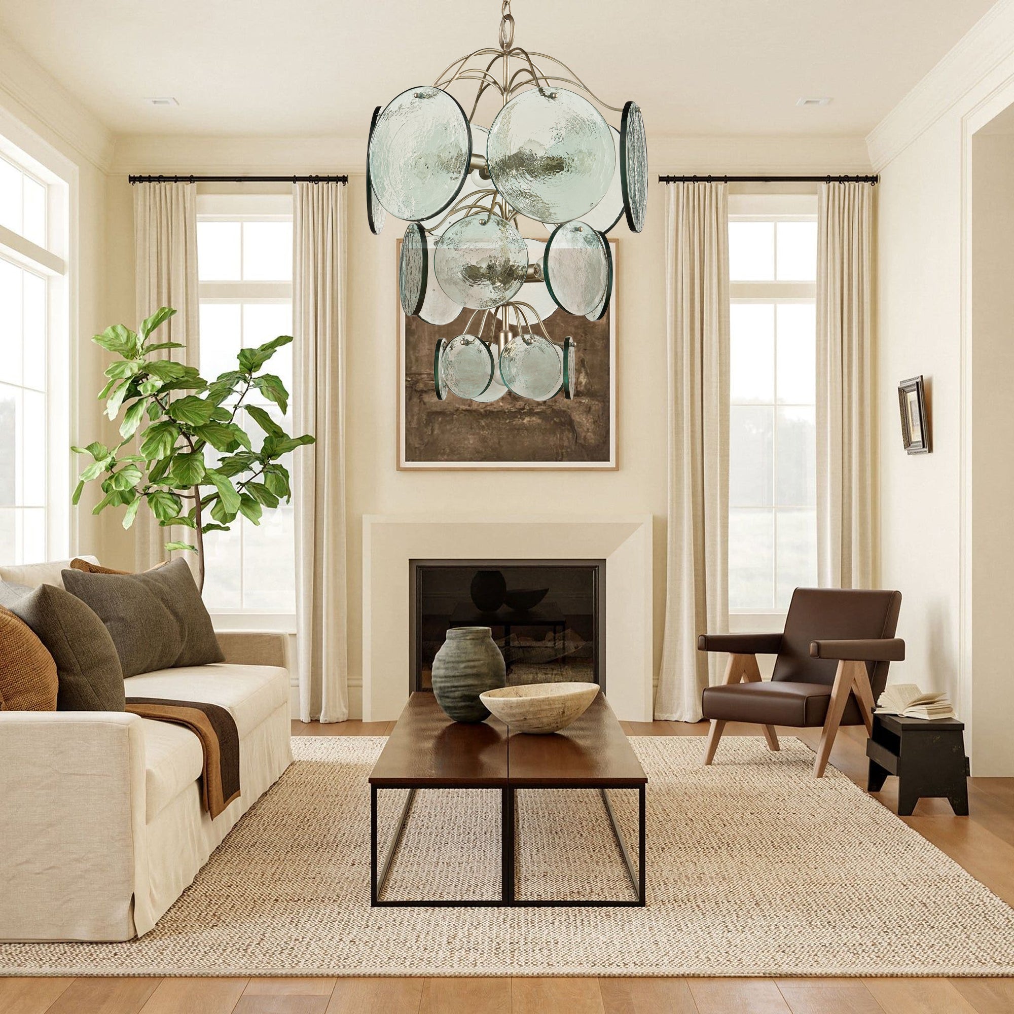 Aurora Chandelier Rovigo Recycled Glass Disc Modern Flowing - Neutralighting