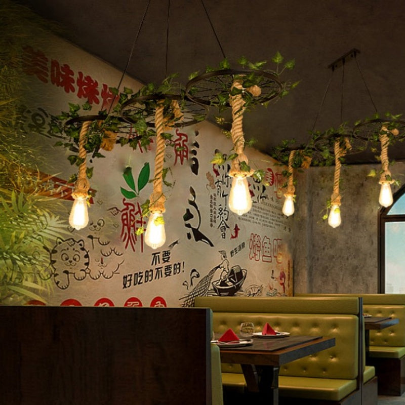 Valentina Industrieller LED Kronleuchter Schwarz Rattan Bar/Wohnzimmer