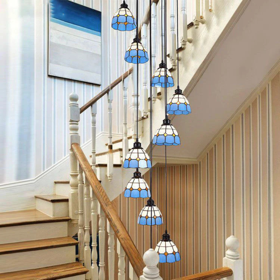 Arisha Retro LED Kronleuchter Blau Orange Metall Glas Wohnzimmer