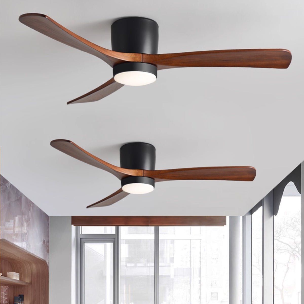 Detail der Ahornholzflügel des Ezra Nordischen Deckenventilators
