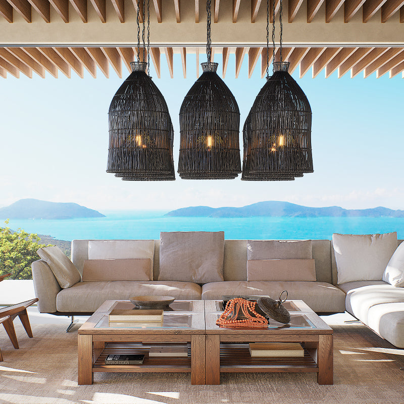 Muto Design LED Pendelleuchte Schwarz/Weiß Metall/Rattan Schlaf/Wohnzimmer