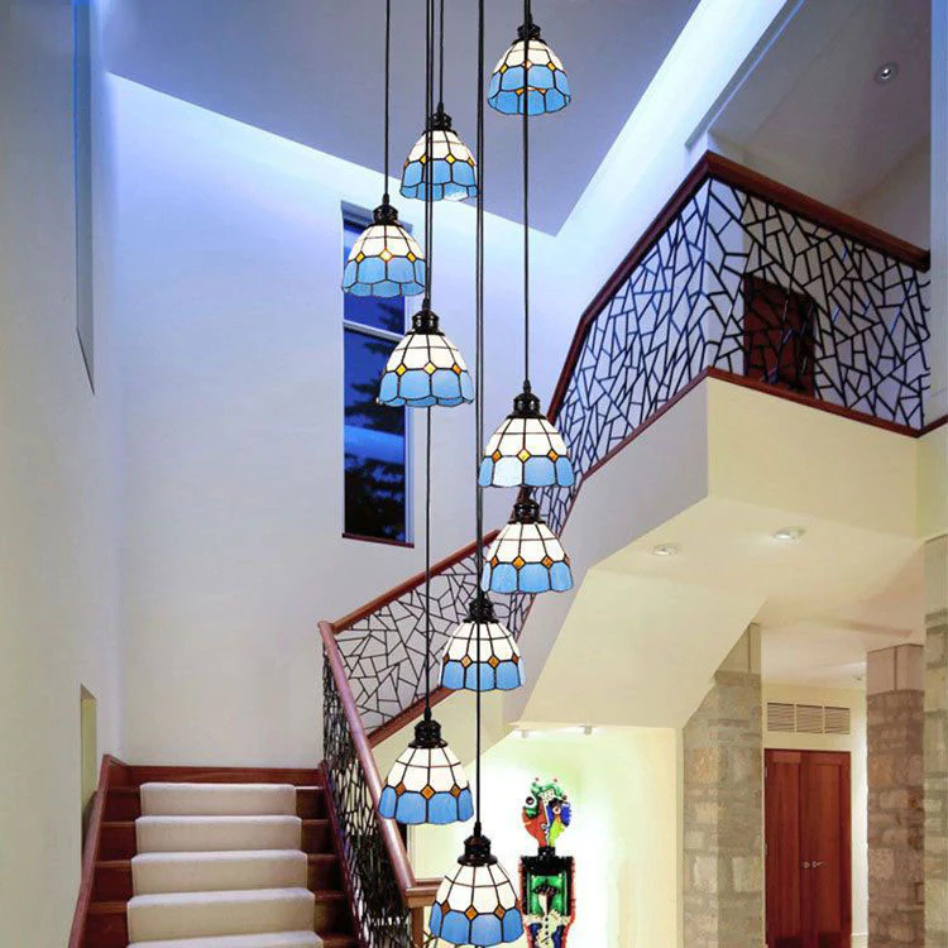 Arisha Retro LED Kronleuchter Blau Orange Metall Glas Wohnzimmer