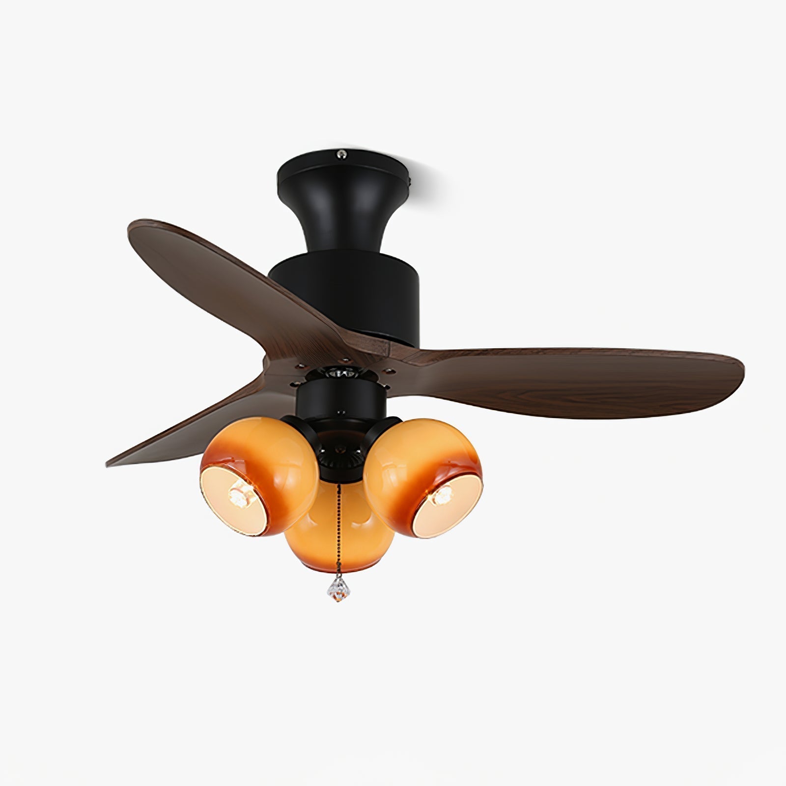 Veloria Vintage Deckenventilatorlampe aus Glas und Holz in einem modernen Wohnraum