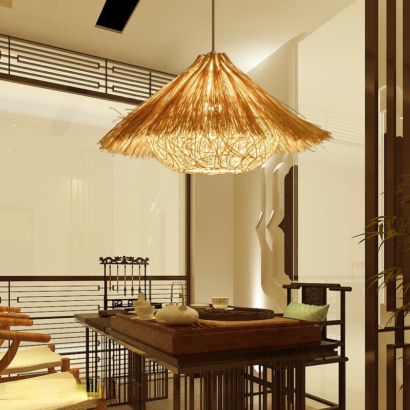 Muto Vintage LED Pendelleuchte Gelb/Braun Wohn/Esszimmer Rattan