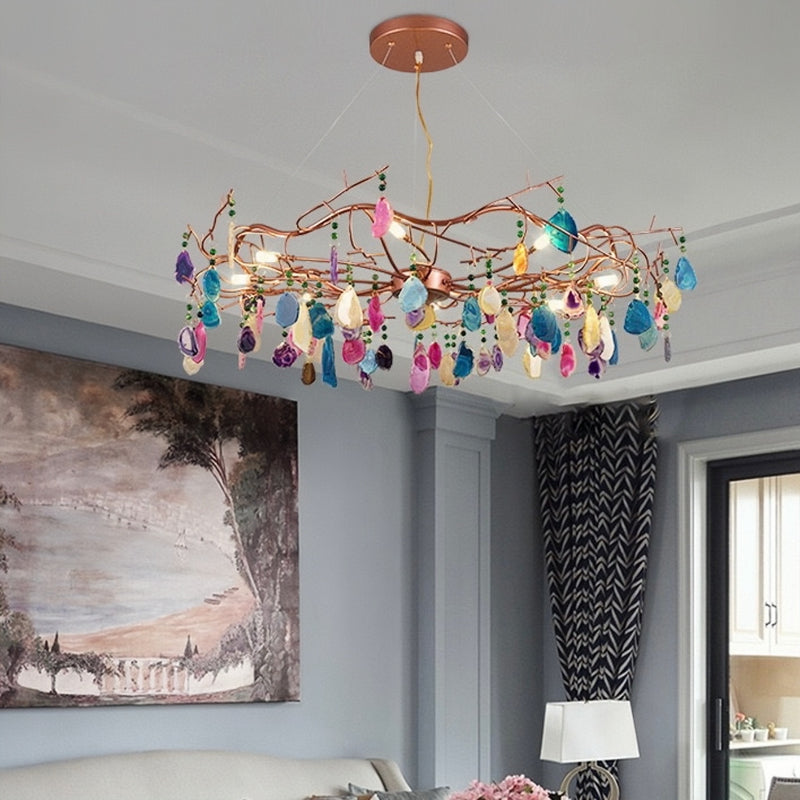 Valentina Design Rund LED Kronleuchte Rosegold Wohn/Schlaf/Esszimmer Metall&Achatstein 65/85CM Lang