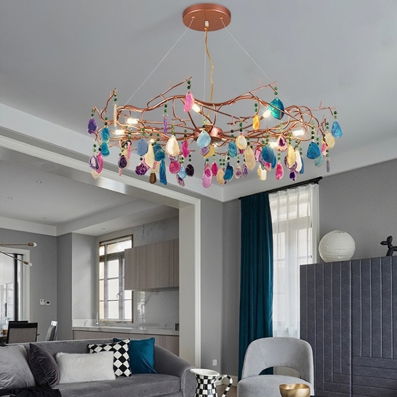 Valentina Design Rund LED Kronleuchte Rosegold Wohn/Schlaf/Esszimmer Metall&Achatstein 65/85CM Lang