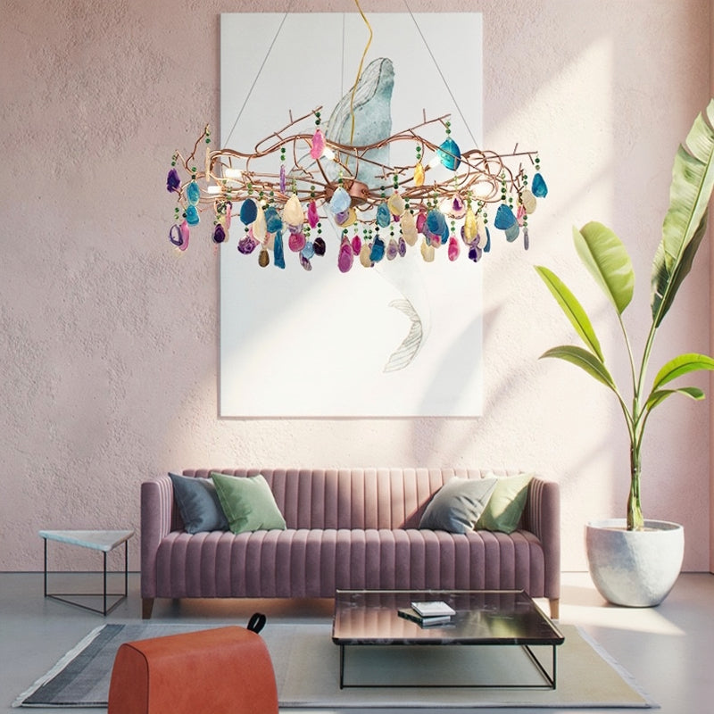 Valentina Design Rund LED Kronleuchte Rosegold Wohn/Schlaf/Esszimmer Metall&Achatstein 65/85CM Lang