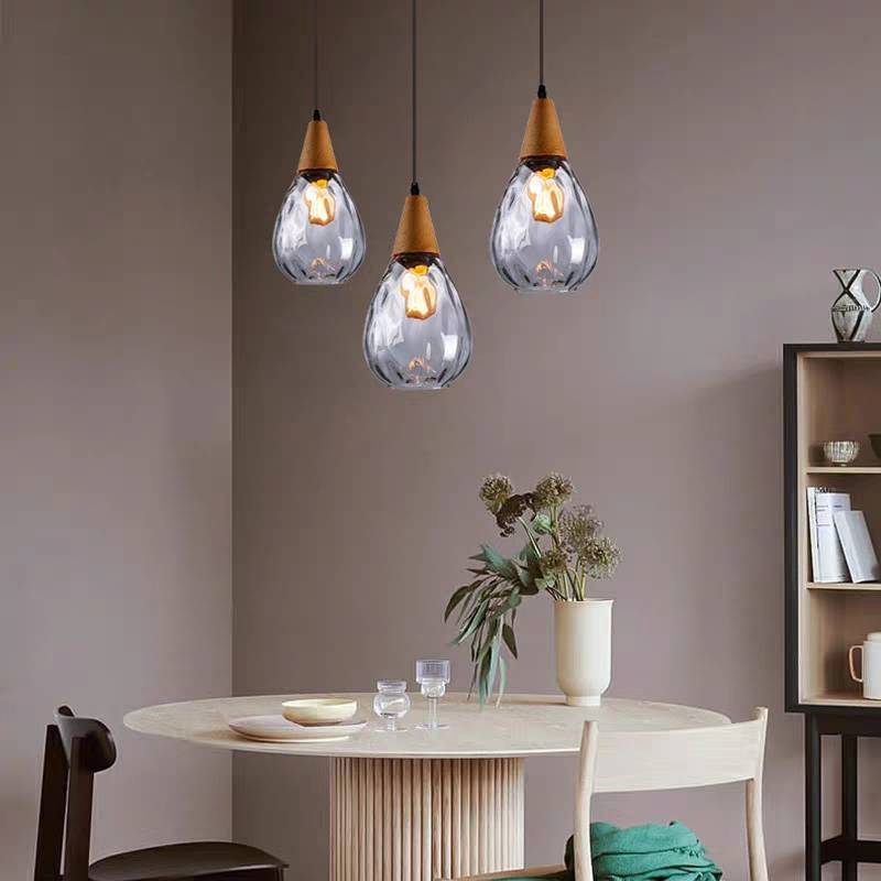 Aria Rustikal Pendelleuchte Tränentropfen LED Klar/Grau Glas&Holz
