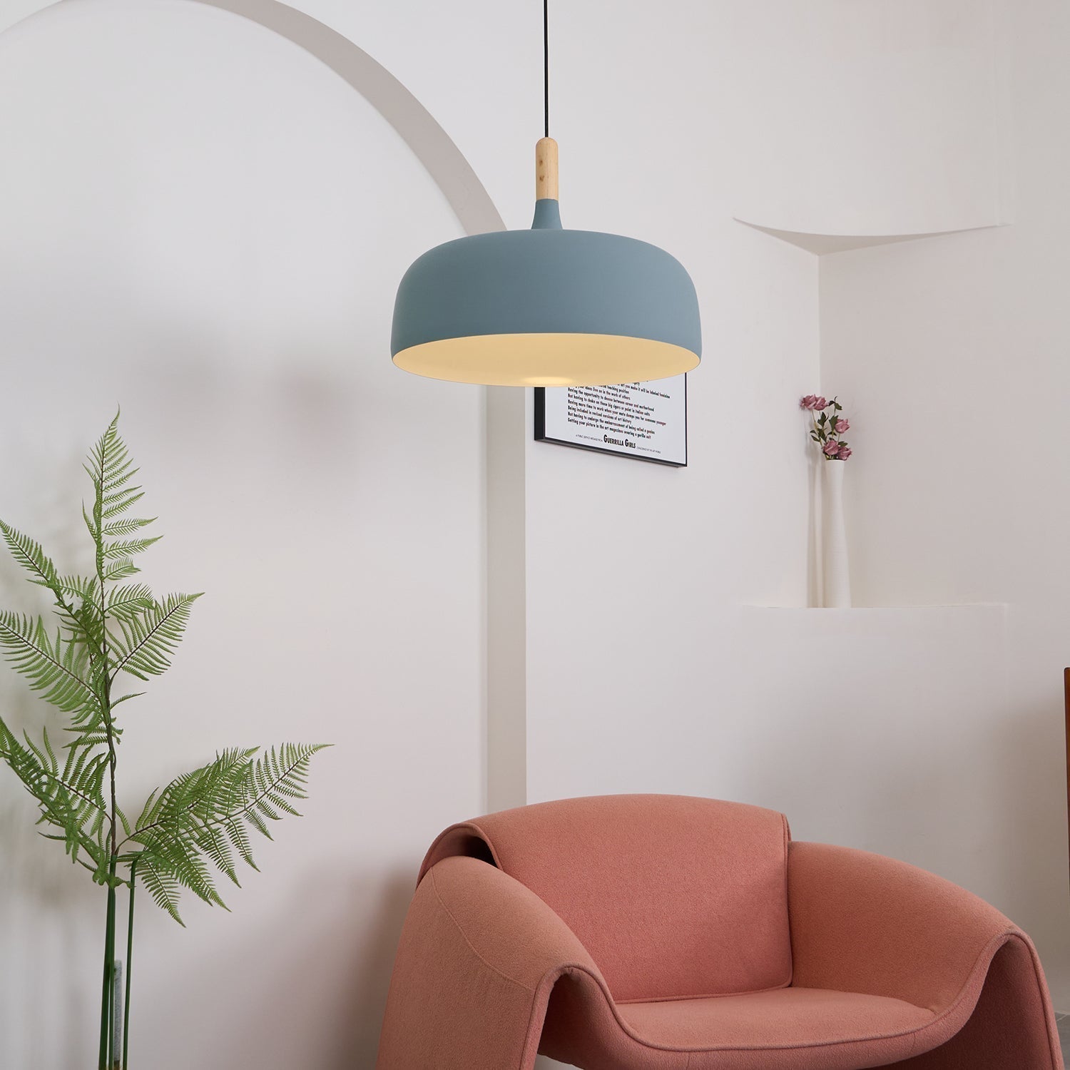 Lustra Pendelleuchte Weiß Schirm Holz-Letslighting