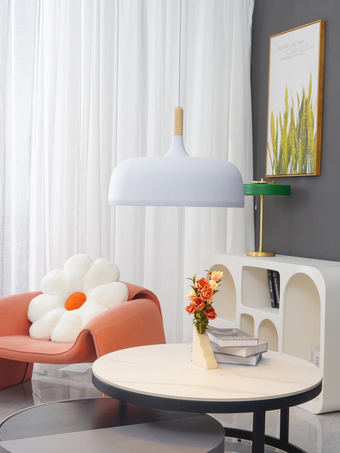Lustra Pendelleuchte Weiß Schirm Holz-Letslighting