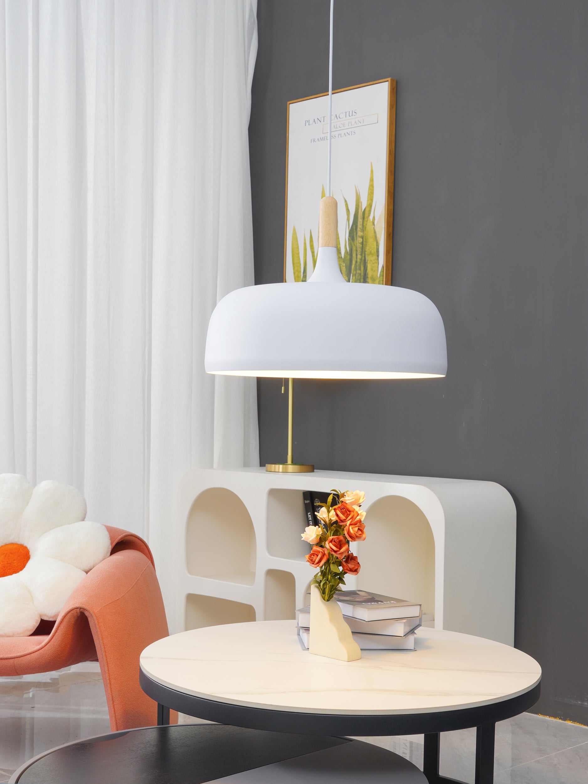 Lustra Pendelleuchte Weiß Schirm Holz-Letslighting