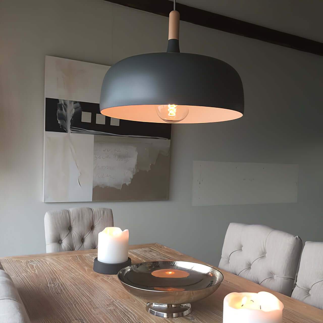 Lustra Pendelleuchte Weiß Schirm Holz-Letslighting