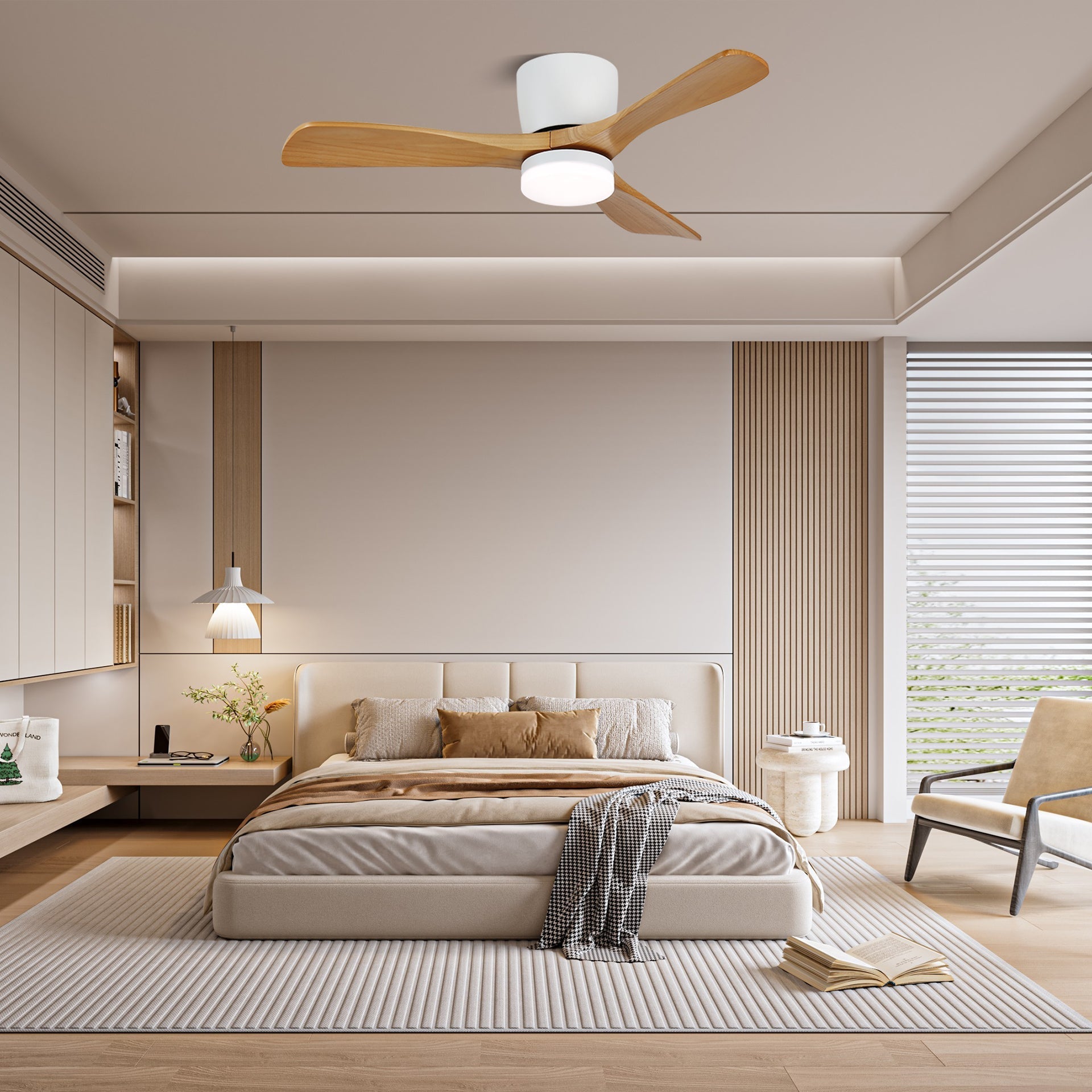 Nahaufnahme der Massivholzflügel des Knox Deckenventilators.