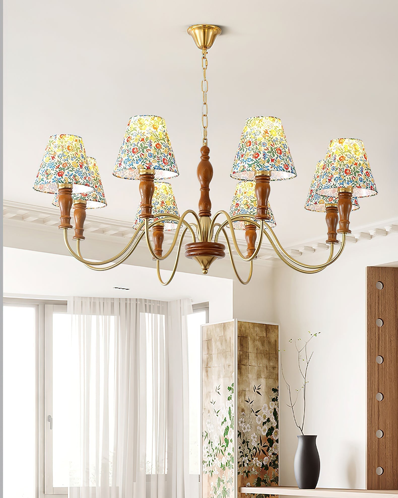 Florinda Floraler Stoffschirm-Kronleuchter mit Holzarmen-Letslighting