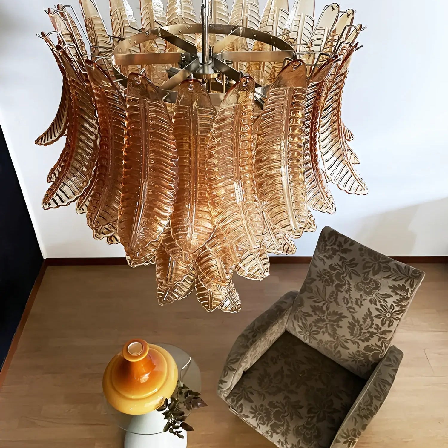 Aurora Chandelier Amber Murano Glass Leaves Layered - Neutralighting