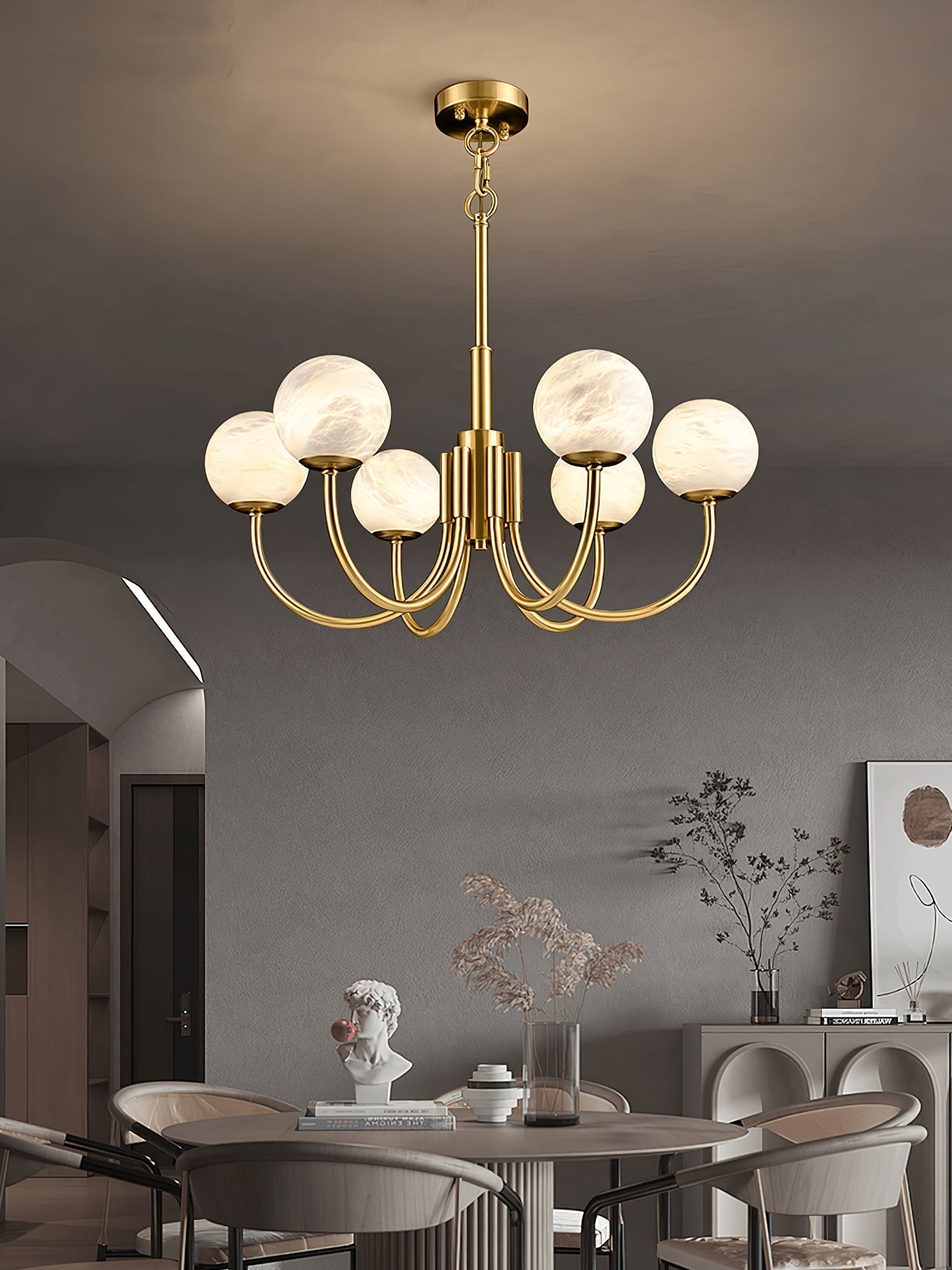 Mjolkuvys Modern Minimalist Globe Brass Alabaster Chandelier - Letslighting