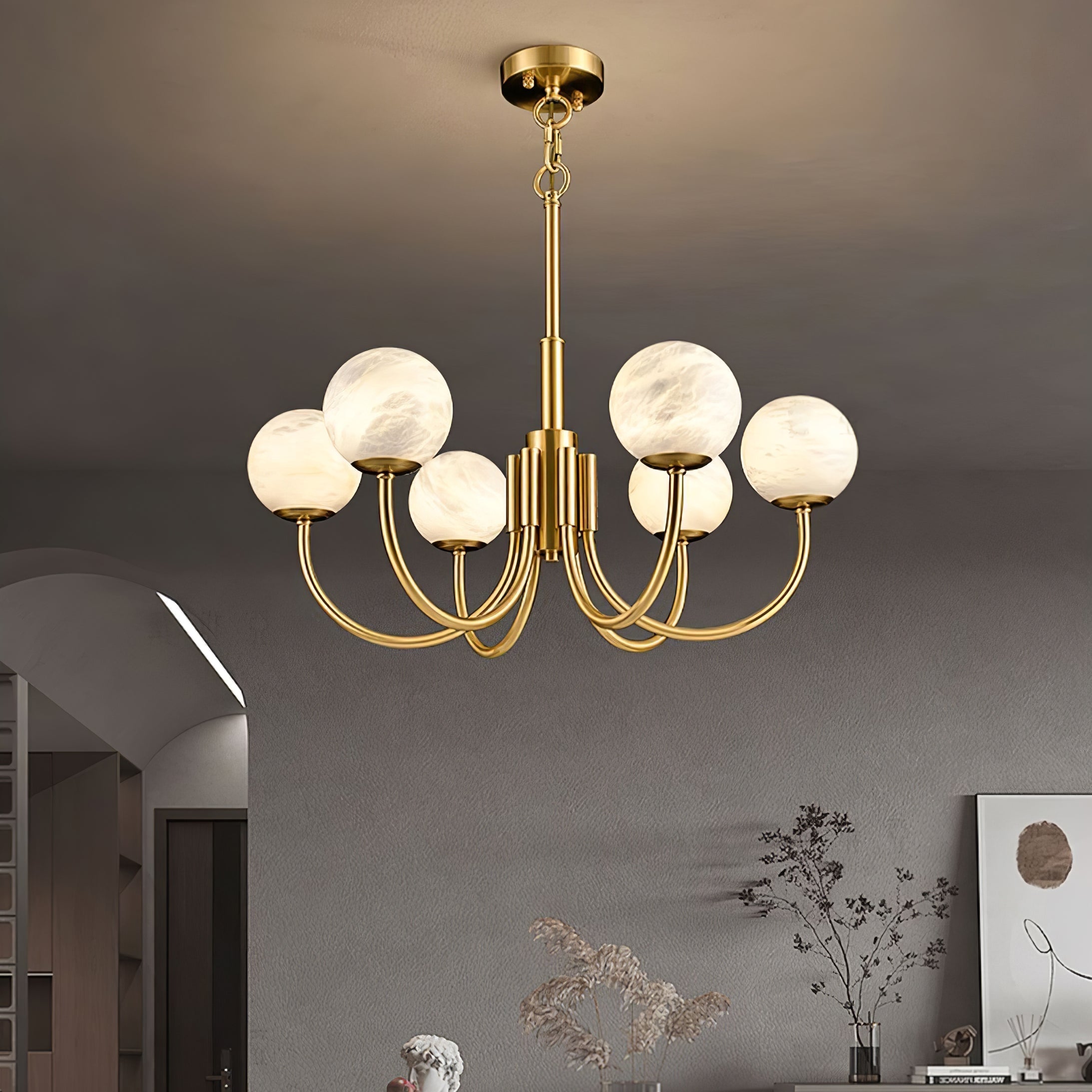 Mjolkuvys Modern Minimalist Globe Brass Alabaster Chandelier - Letslighting
