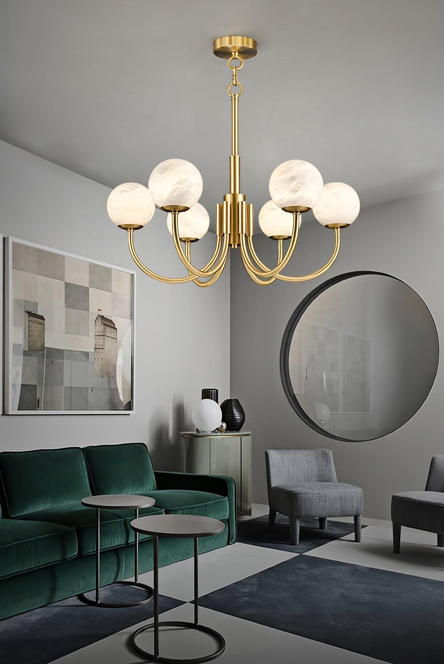 Mjolkuvys Modern Minimalist Globe Brass Alabaster Chandelier - Letslighting