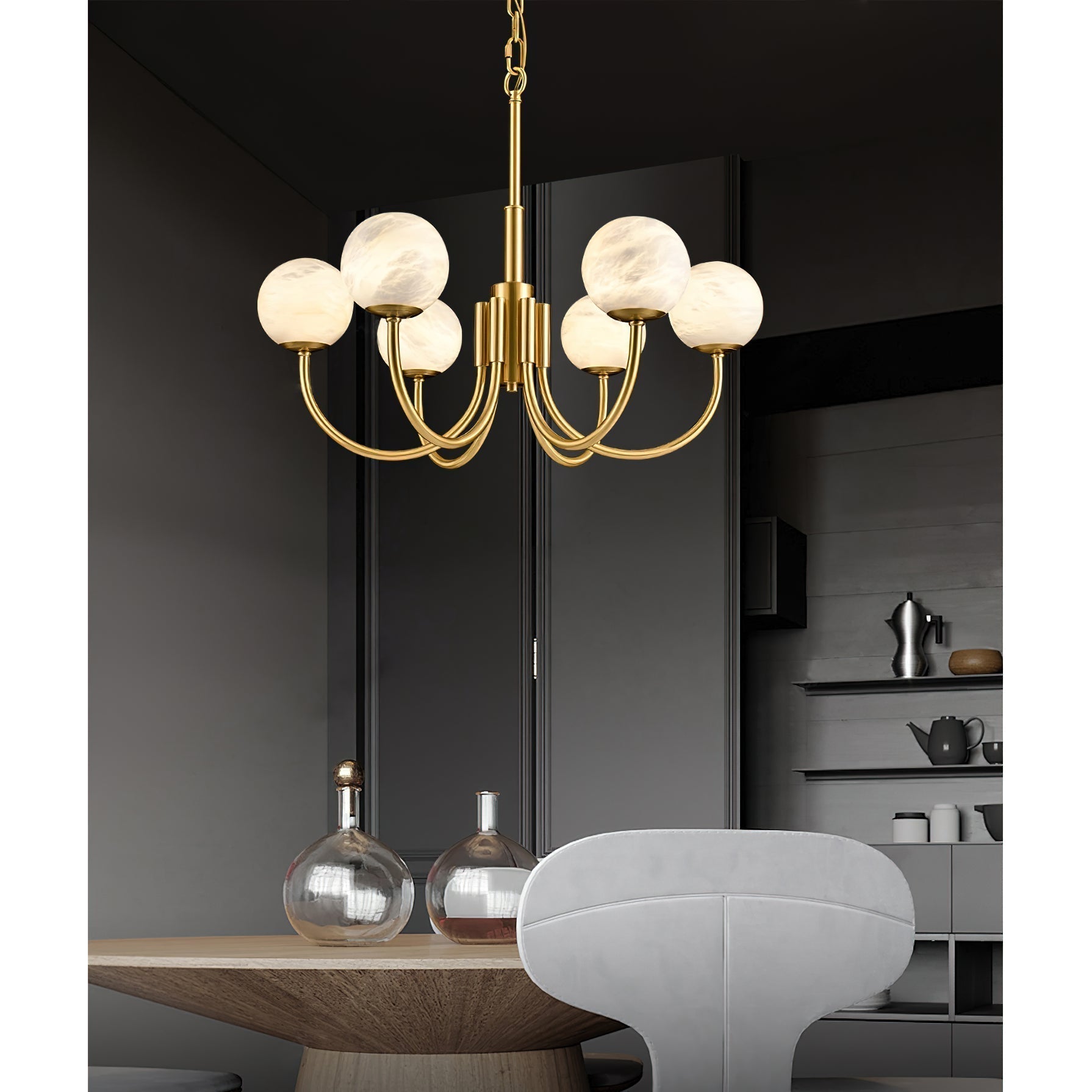 Mjolkuvys Modern Minimalist Globe Brass Alabaster Chandelier - Letslighting