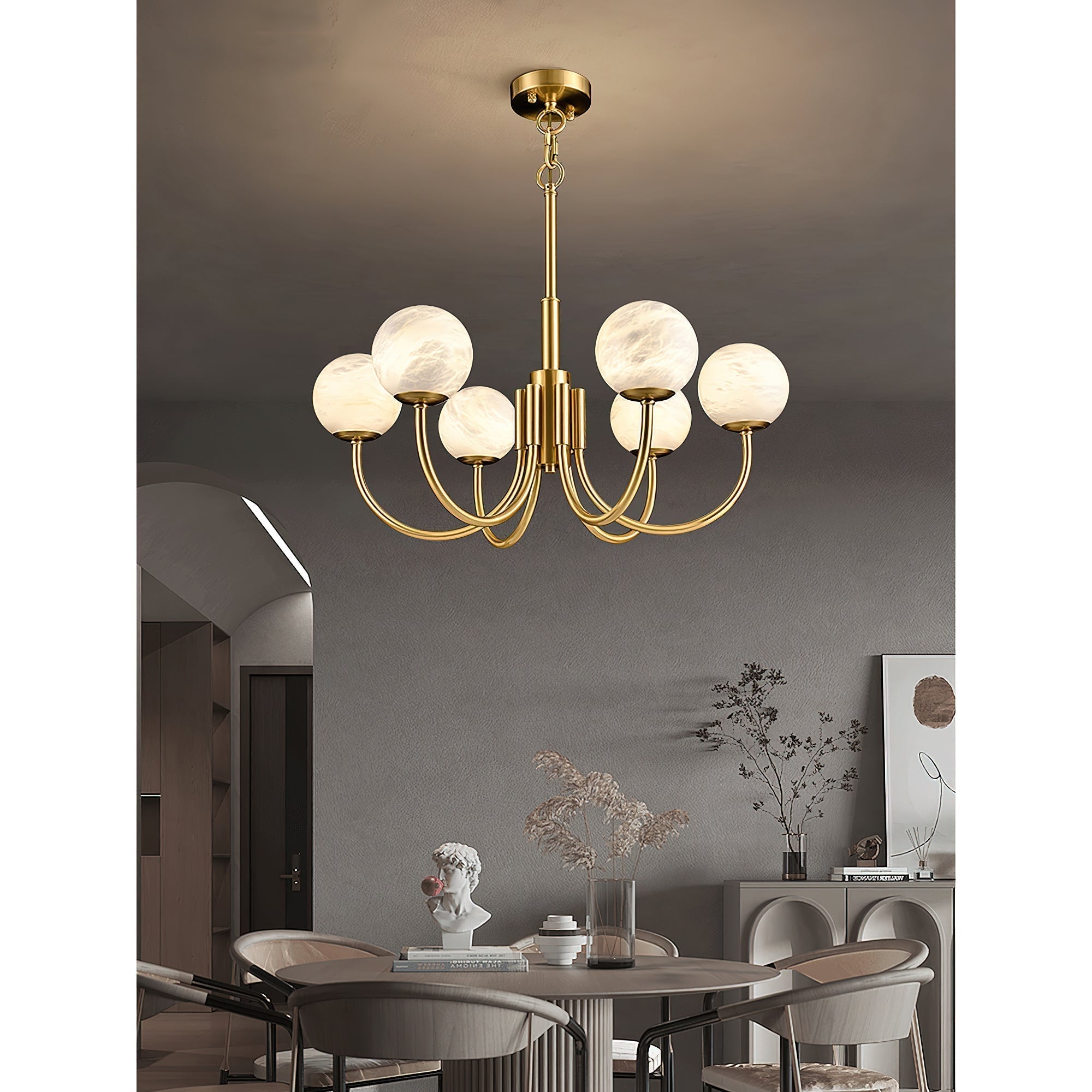 Mjolkuvys Modern Minimalist Globe Brass Alabaster Chandelier - Letslighting