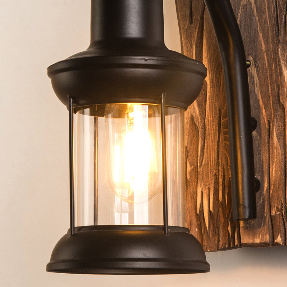 Epoch Vintage Laterne LED Wandleuchte Schwarz Schlaf/Wohnzimmer Holz Metall