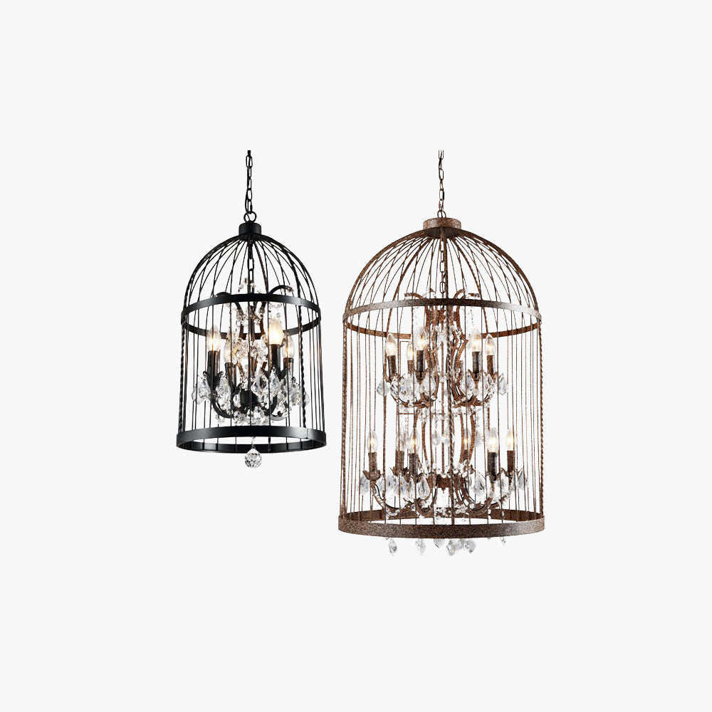 Kristy Retro LED Pendelleuchte Vogelkäfig Schwarz/Rost Wohn/Schlafzimmer Metall&Kristall 4/8/12-Flammig
