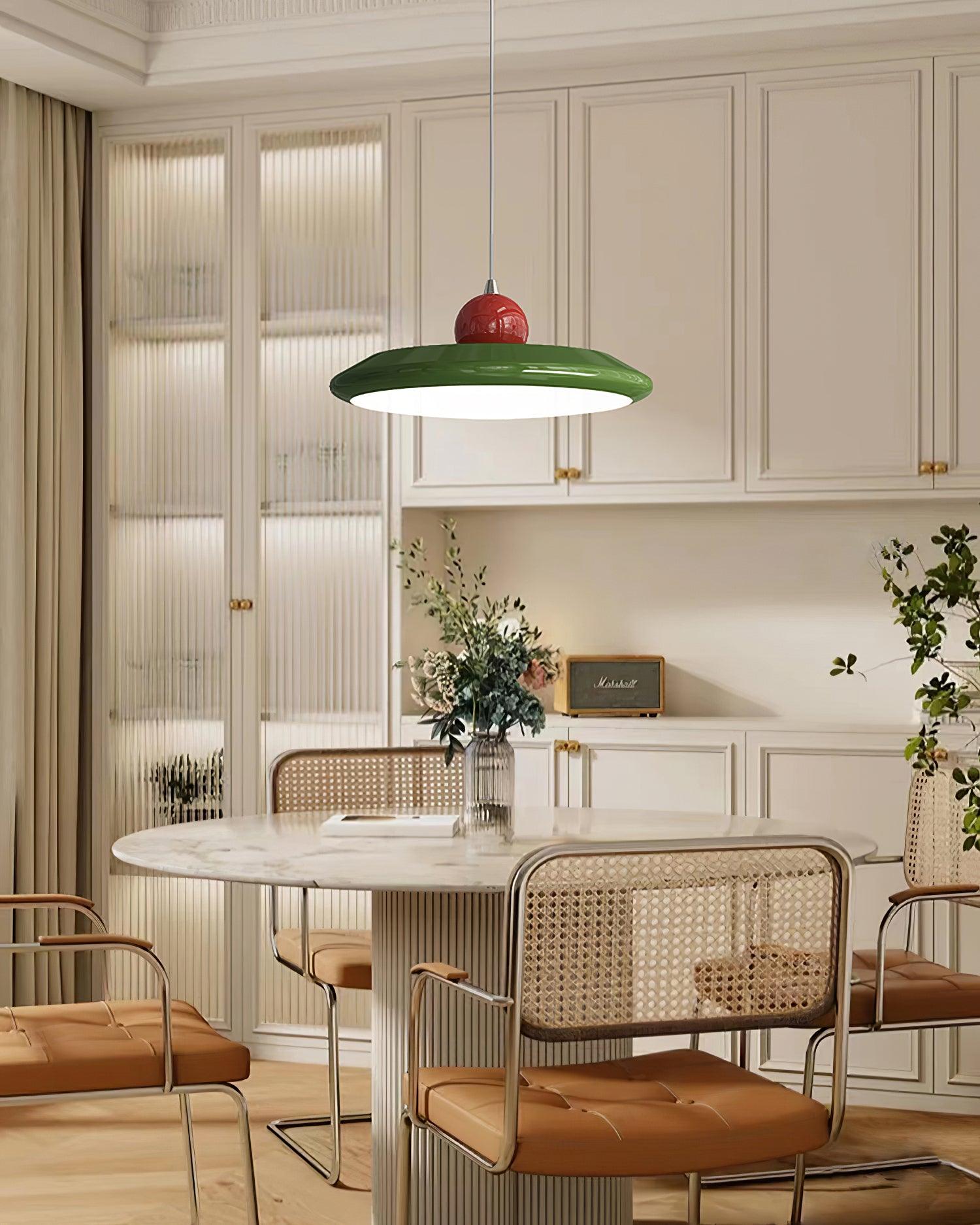 Pendant Lamp White Disc Green Trim Red Bold - Letslighting