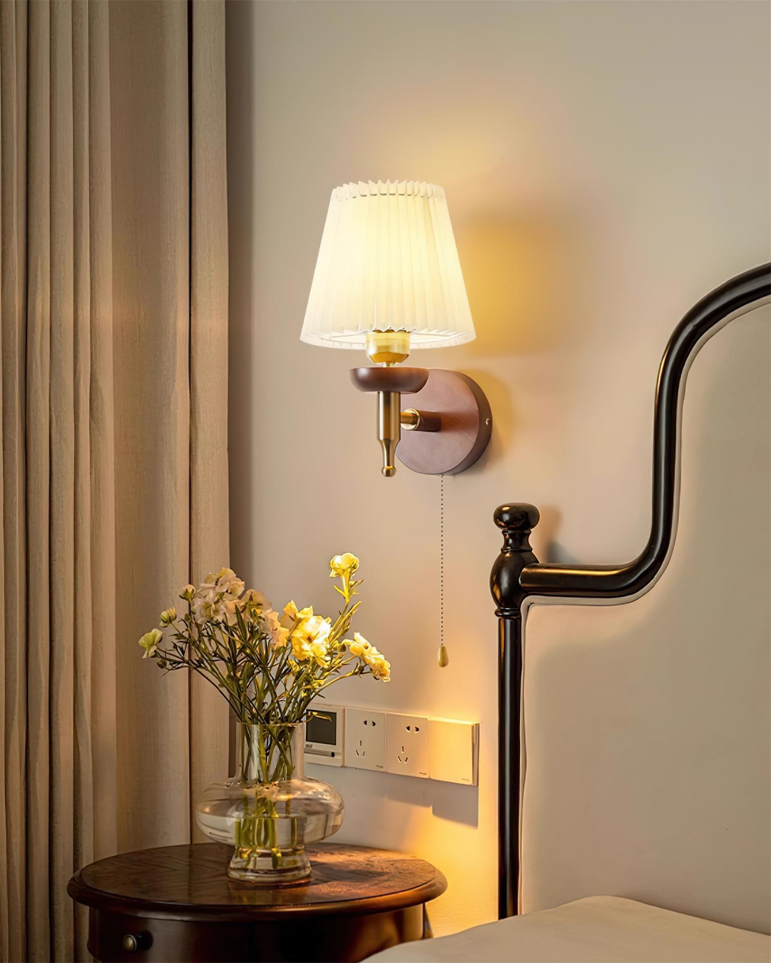 Wall Lamp Fabric Shade Modern Classic Gold Walnut Sconce Bedroom-Letslighting