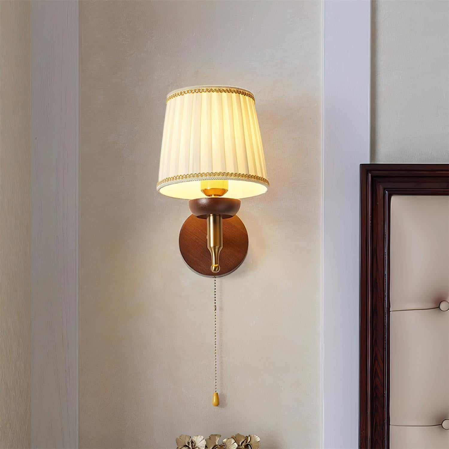 Wall Lamp Fabric Shade Modern Classic Gold Walnut Sconce Bedroom-Letslighting
