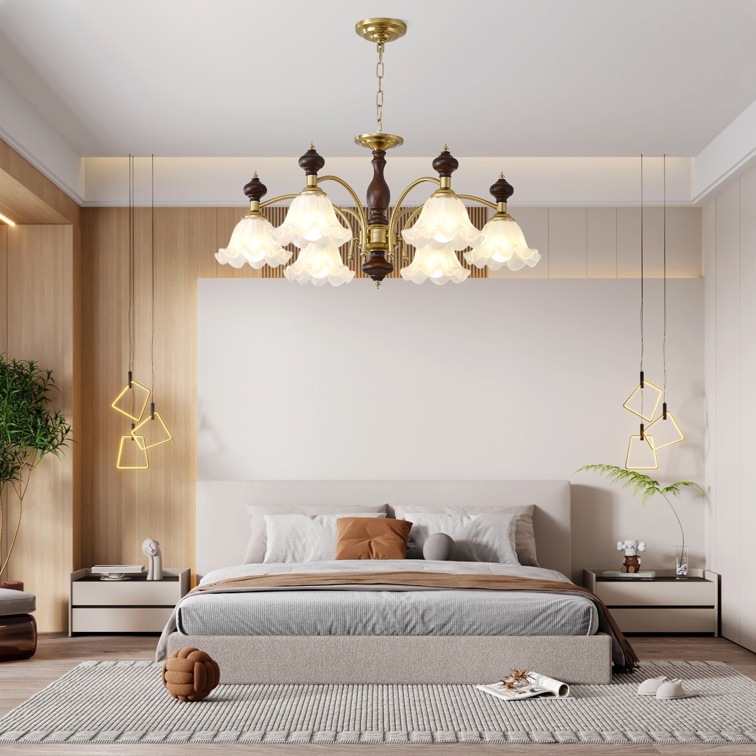 Lustra Kronleuchter Holz Messing Blüte Blumen-Letslighting