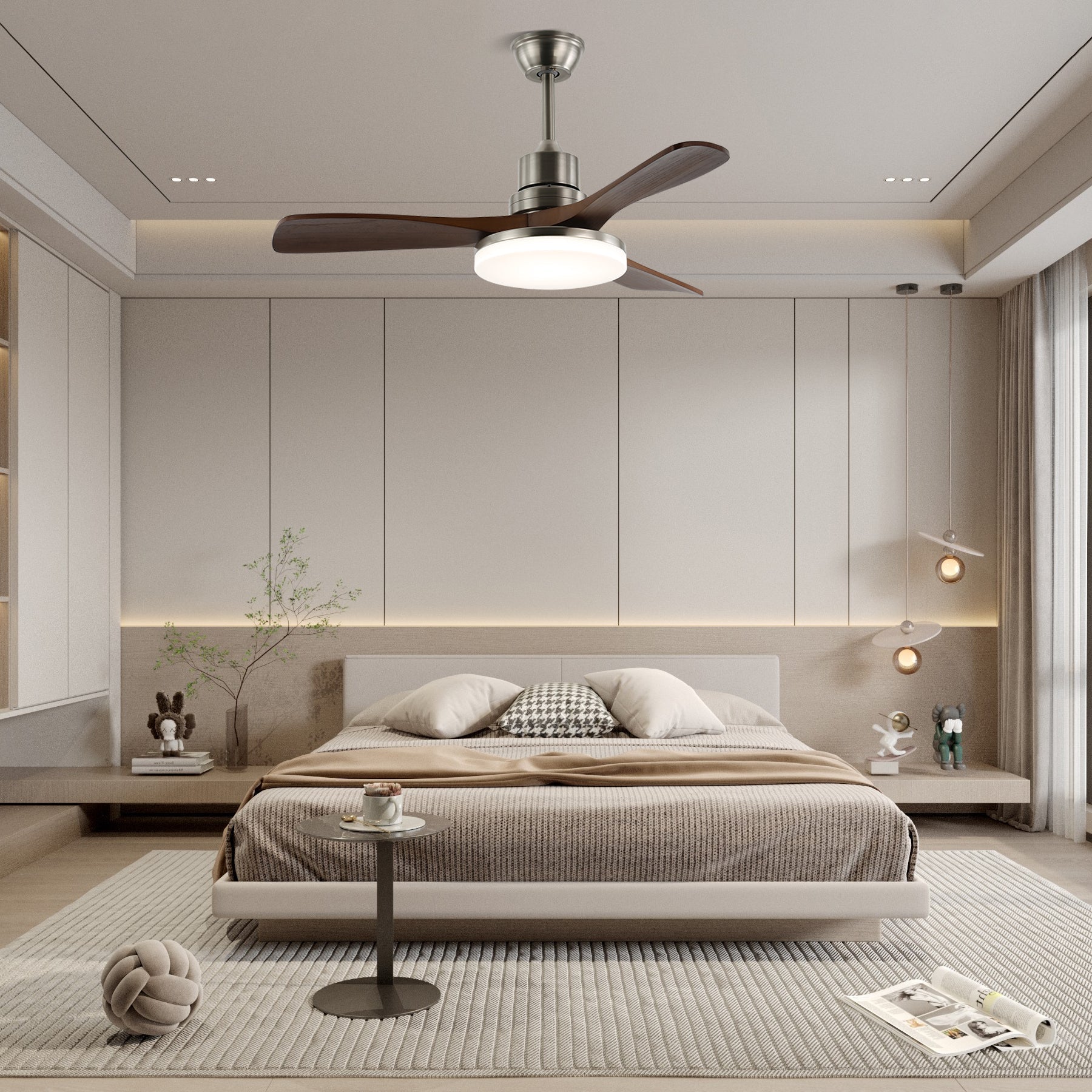 Detaillierte Ansicht des Metallrahmens und des Acrylschirms des Kaelen Deckenventilators mit Beleuchtung