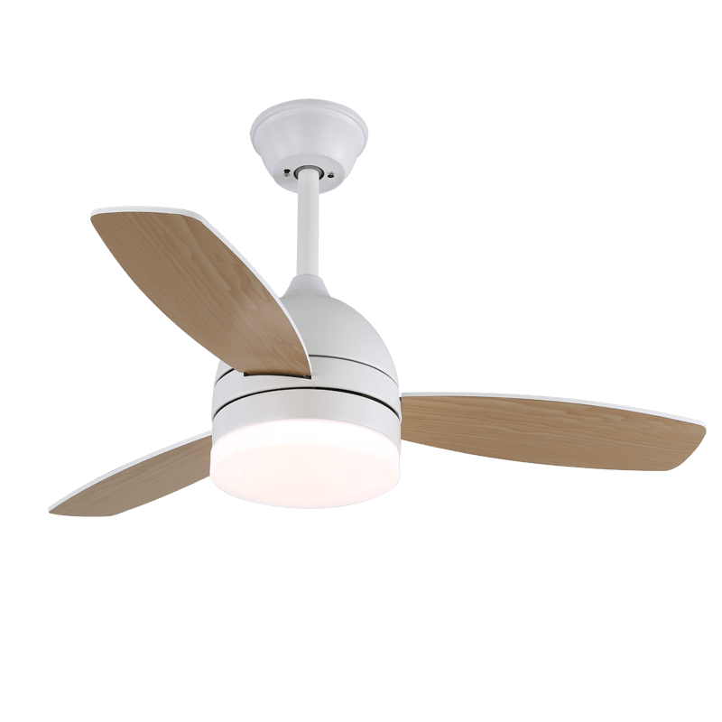 Selena Minimalistische Deckenventilatorleuchte aus Holz, zeigt integriertes LED-Licht