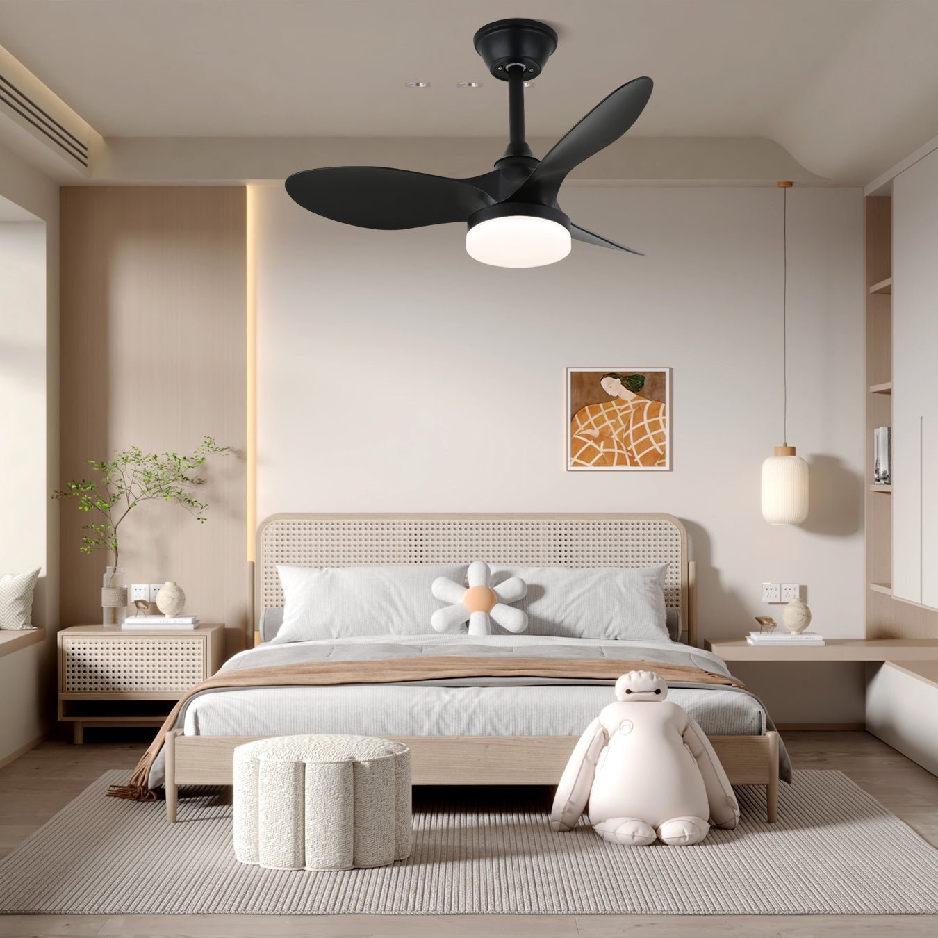 Nahaufnahme der integrierten LED und der Flügel des Aelric Deckenventilators mit Licht