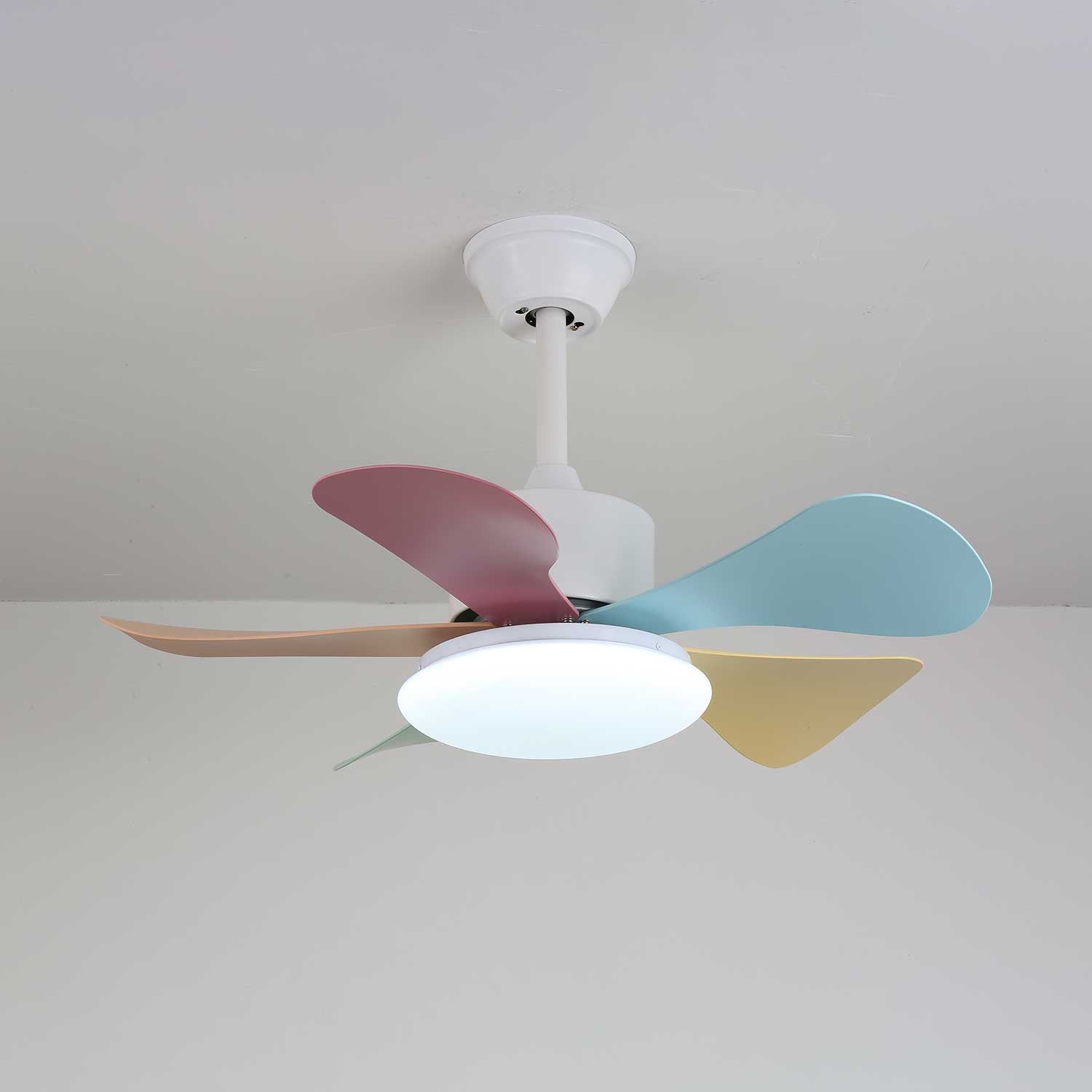 Liora Deckenventilator mit bunter Glasbeleuchtung, Gesamtansicht 1
