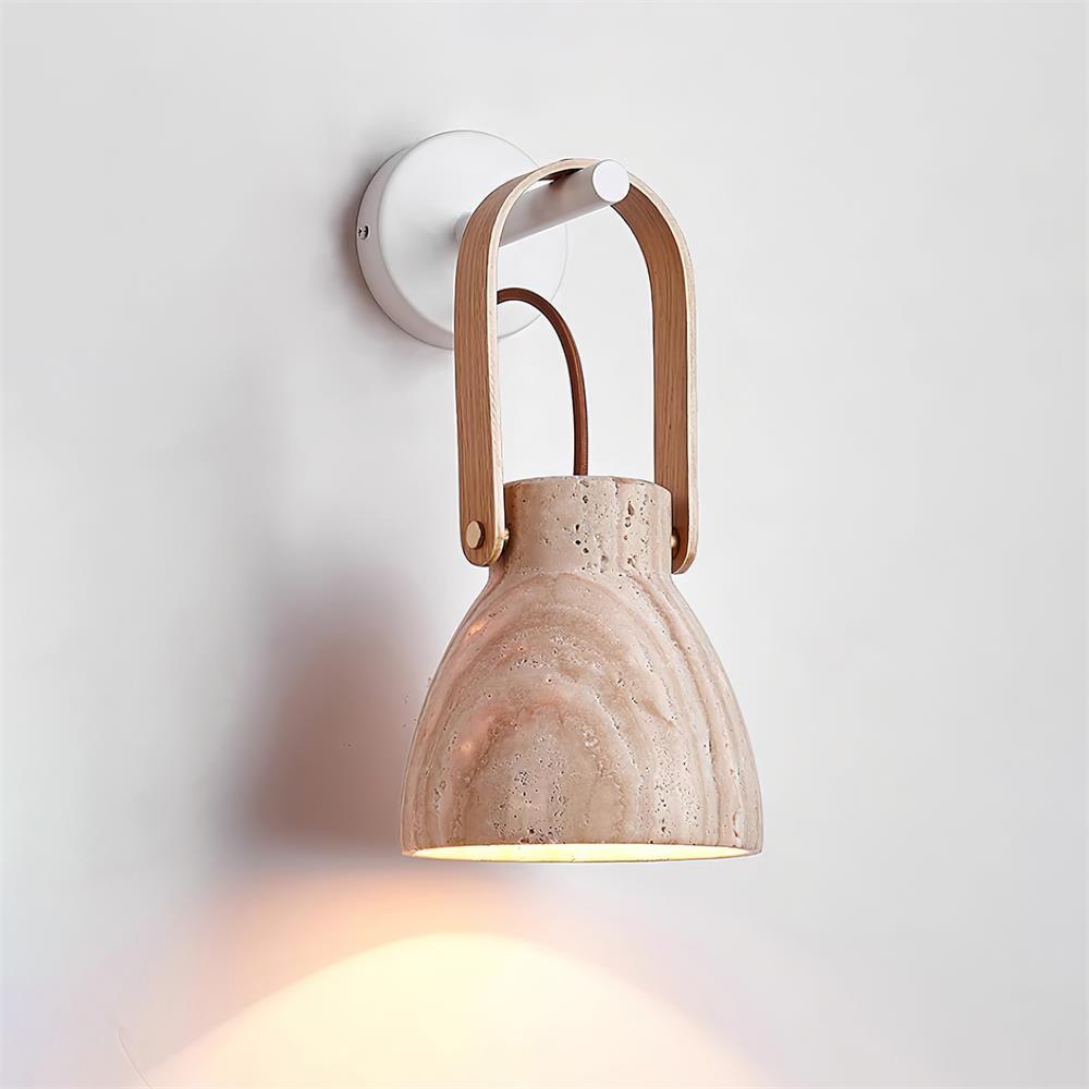 Wall Lamp Metal Body Wood Strap Travertine Shade Minimalist - Letslighting