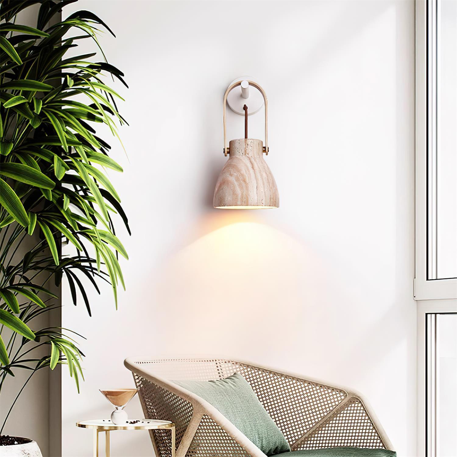 Wall Lamp Metal Body Wood Strap Travertine Shade Minimalist - Letslighting