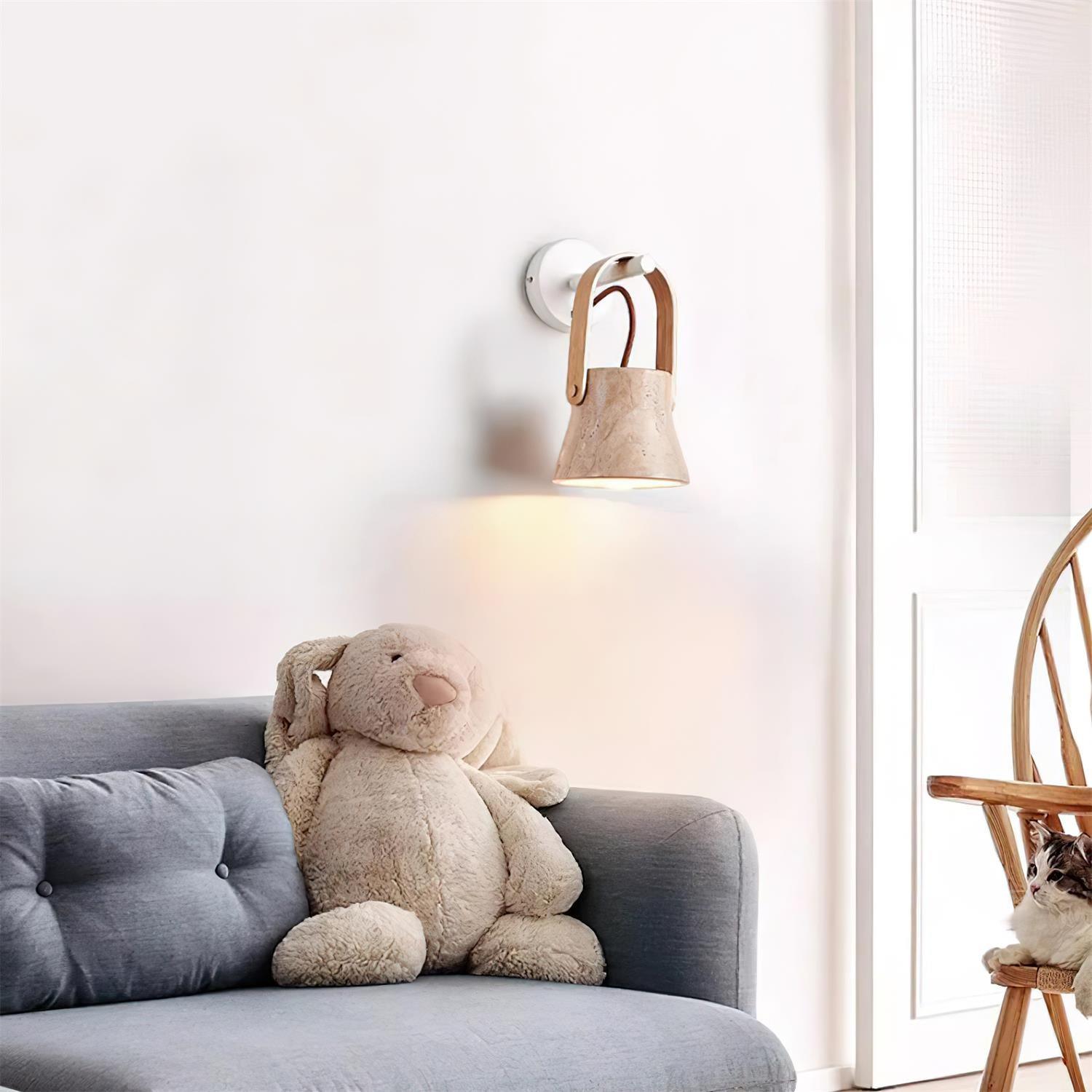 Wall Lamp Metal Body Wood Strap Travertine Shade Minimalist - Letslighting