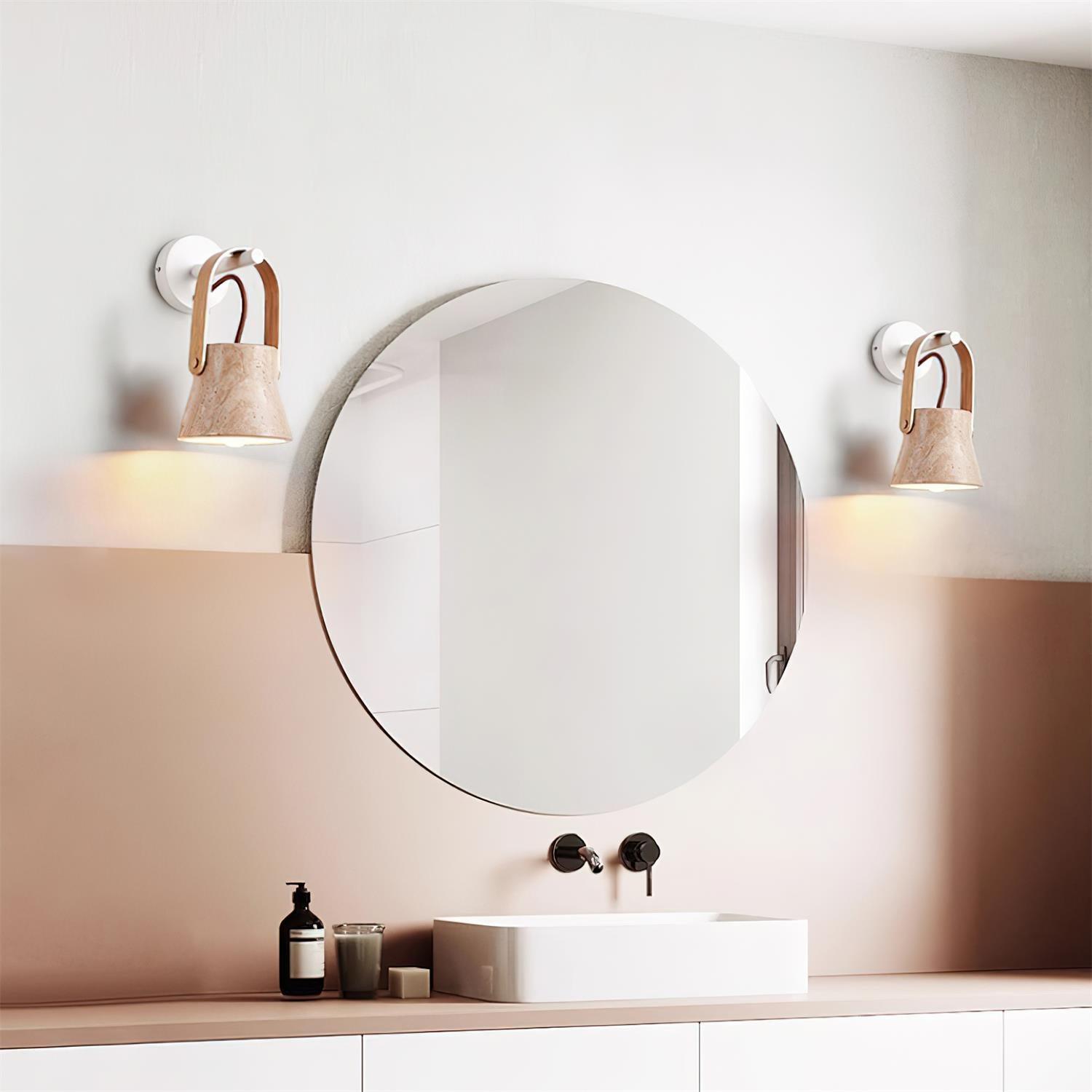 Wall Lamp Metal Body Wood Strap Travertine Shade Minimalist - Letslighting