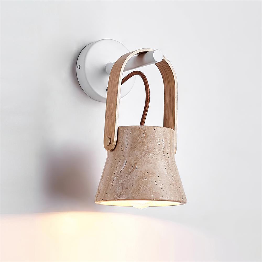 Wall Lamp Metal Body Wood Strap Travertine Shade Minimalist - Letslighting