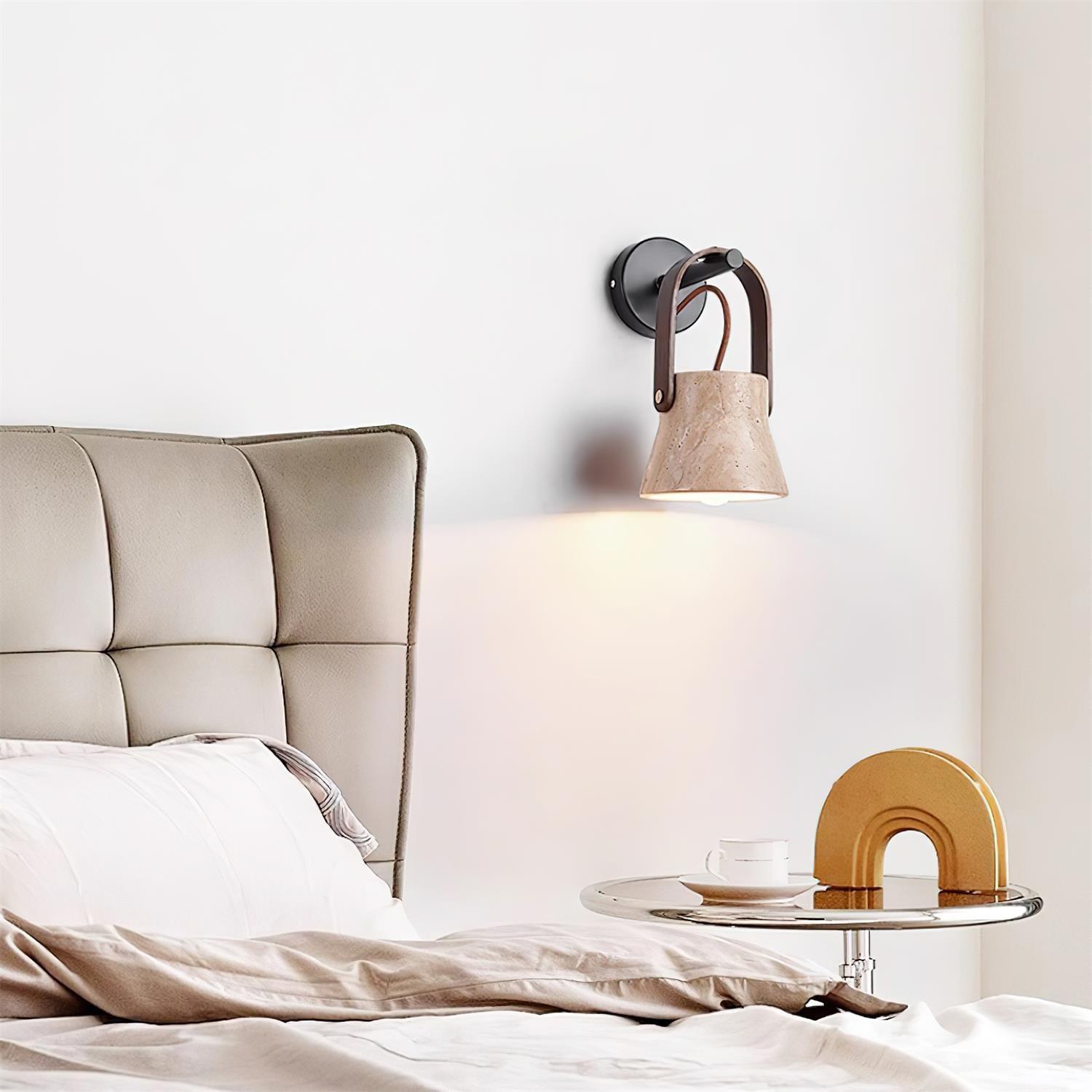 Wall Lamp Metal Body Wood Strap Travertine Shade Minimalist - Letslighting