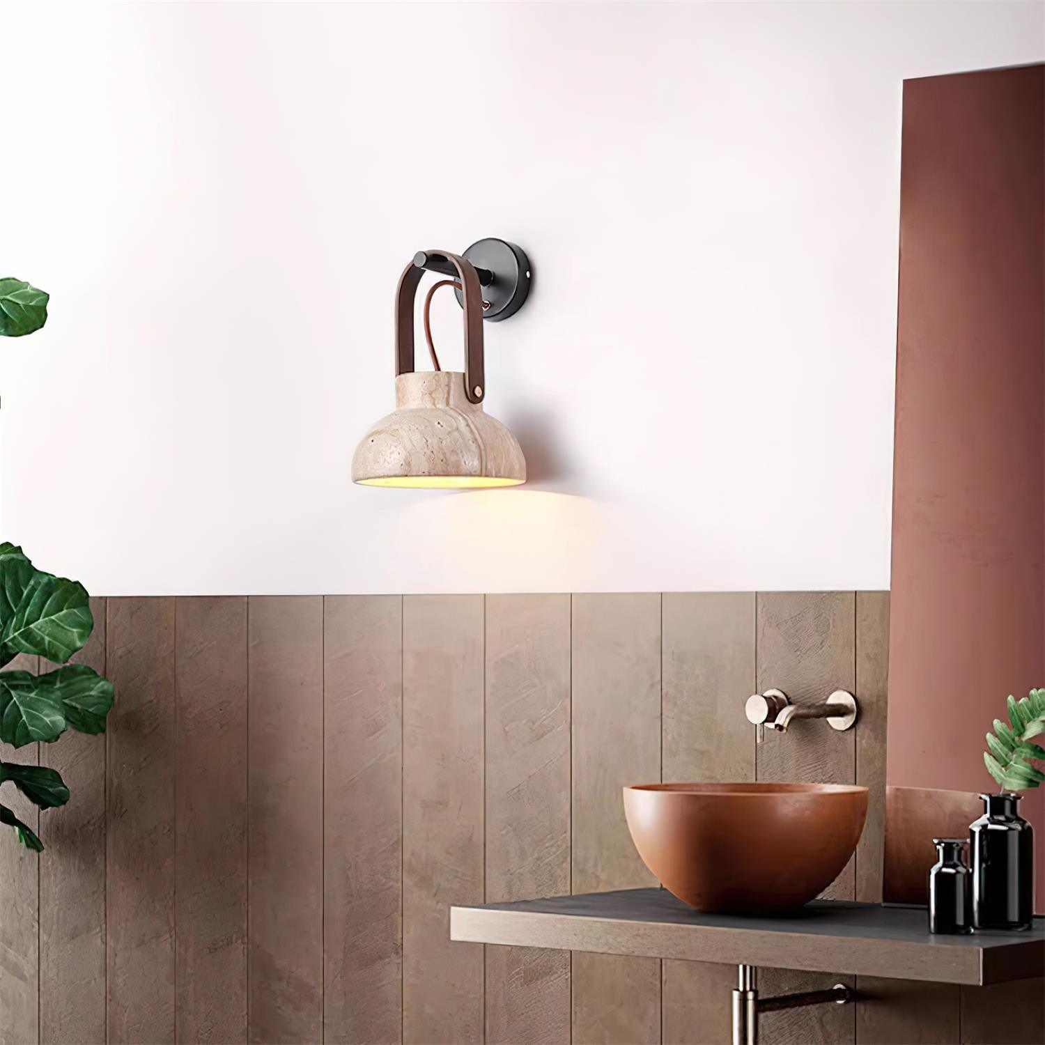 Wall Lamp Metal Body Wood Strap Travertine Shade Minimalist - Letslighting
