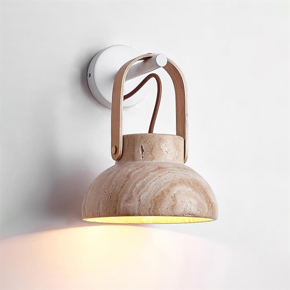 Wall Lamp Metal Body Wood Strap Travertine Shade Minimalist - Letslighting